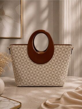 🆕❤️❤️❤️Stylish Beige & Brown Patterned Tote Bag with Circular Wooden Handle